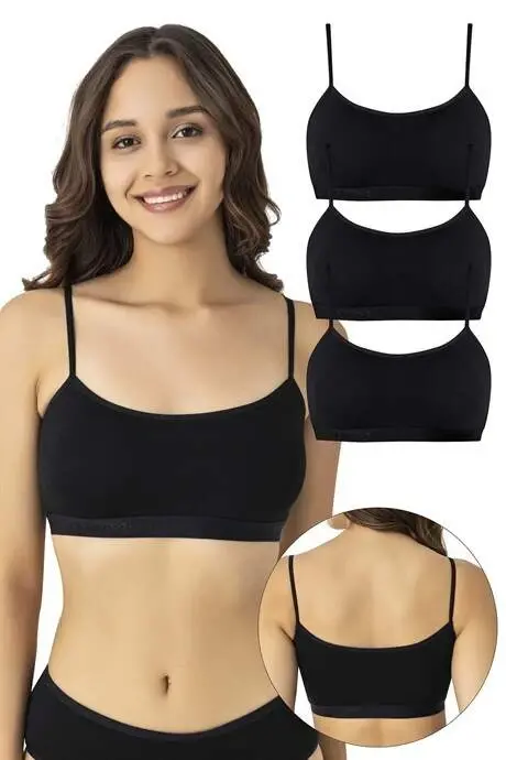 Kadın Pamuklu Likralı İp Askılı Çıkarılabilir Pedli Yarım Atlet Büstiyer Siyah 3'lü Paket - 1