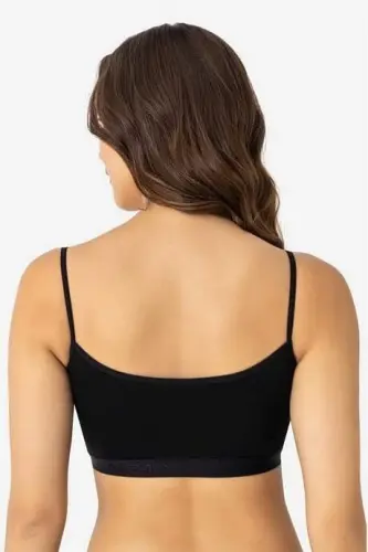 Kadın Pamuklu Likralı İp Askılı Çıkarılabilir Pedli Yarım Atlet Büstiyer Siyah 3'lü Paket - 4