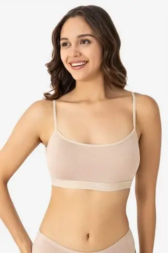 Kadın Pamuklu Likralı İp Askılı Çıkarılabilir Pedli Yarım Atlet Büstiyer Ten 3'lü Paket - 3