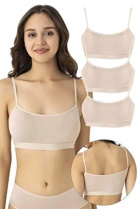 Kadın Pamuklu Likralı İp Askılı Çıkarılabilir Pedli Yarım Atlet Büstiyer Ten 3'lü Paket - BÜYÜKBEDENIZ