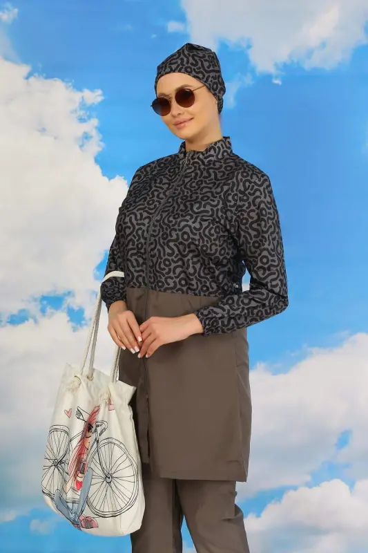 Kadın Pantolonlu Desenli Tam Tesettür Mayo Füme 31074 - 5