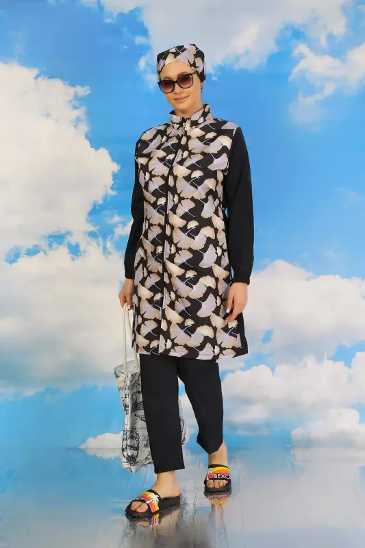 Kadın Pantolonlu Desenli Tam Tesettür Mayo Lacivert 31070 - 4