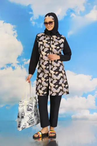 Kadın Pantolonlu Desenli Tam Tesettür Mayo Lacivert 31070 - 6