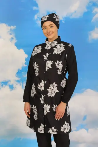 Kadın Pantolonlu Desenli Tam Tesettür Mayo Siyah 31070 - BÜYÜKBEDENIZ (1)