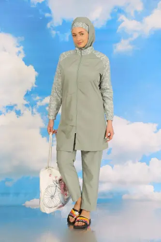 Kadın Pantolonlu Desenli Tam Tesettür Mayo Su Yeşili 31072 - 1