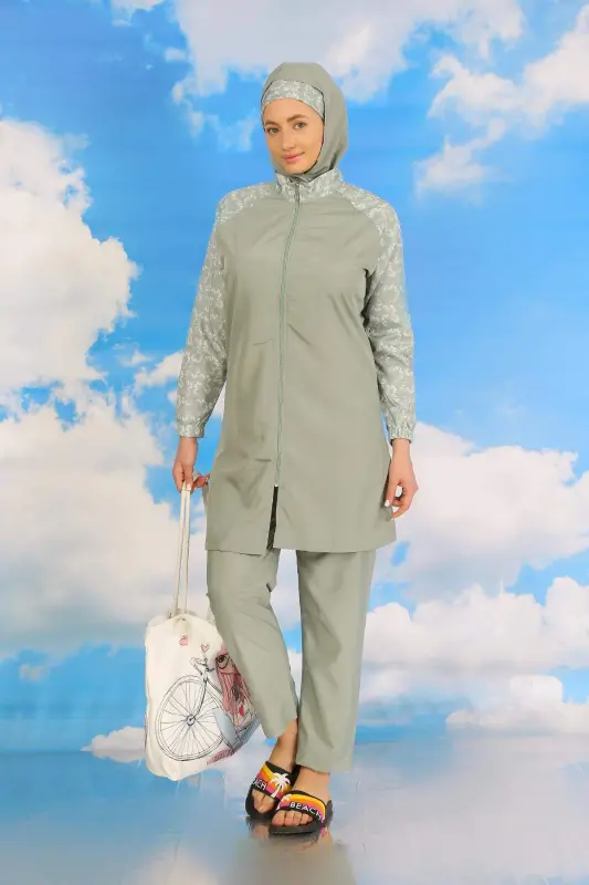 Kadın Pantolonlu Desenli Tam Tesettür Mayo Su Yeşili 31072 - 1