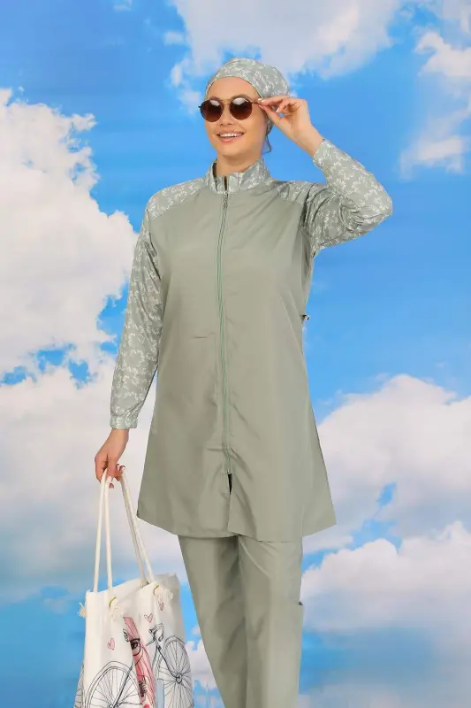 Kadın Pantolonlu Desenli Tam Tesettür Mayo Su Yeşili 31072 - 2