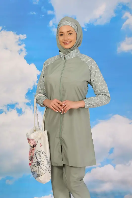 Kadın Pantolonlu Desenli Tam Tesettür Mayo Su Yeşili 31072 - 3
