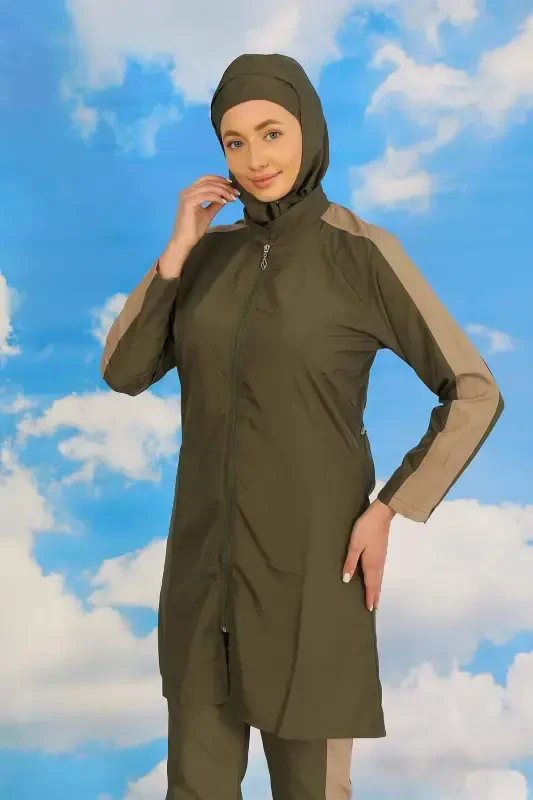 Kadın Pantolonlu Kolu Şeritli Tam Tesettür Mayo Haki 31065 - 2