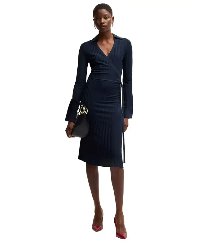 BOSS by Women's Lustrous Ribbed Wrap Dress - Dark Blue - 3