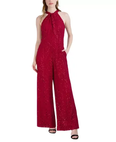 Women's Sequin-Lace Halter Twist-Neck Jumpsuit - Crimson - 1