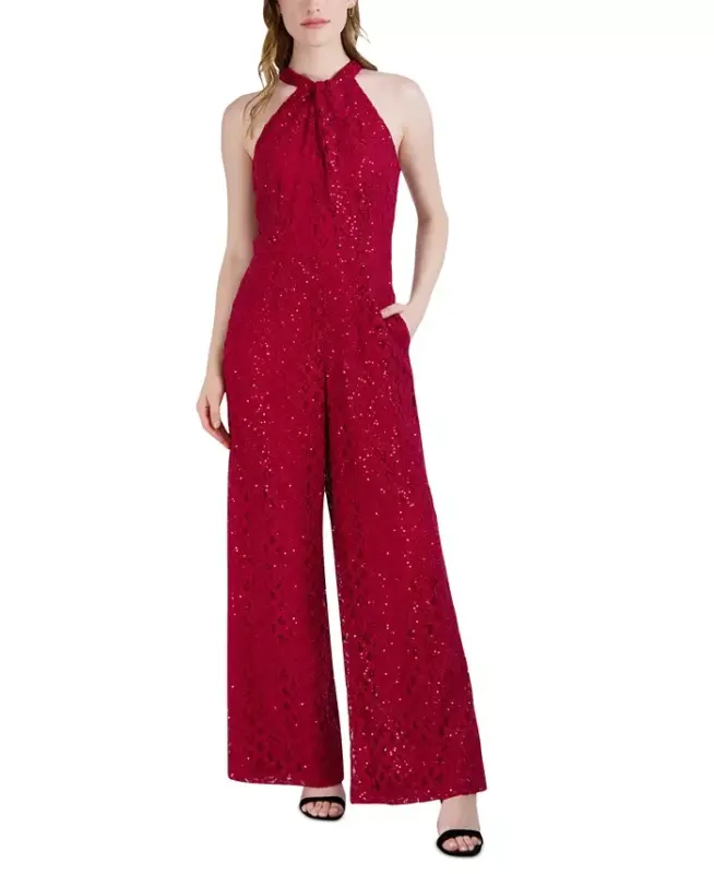 Women's Sequin-Lace Halter Twist-Neck Jumpsuit - Crimson - JULIA JORDAN