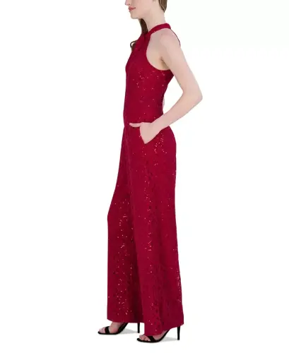 Women's Sequin-Lace Halter Twist-Neck Jumpsuit - Crimson - 3