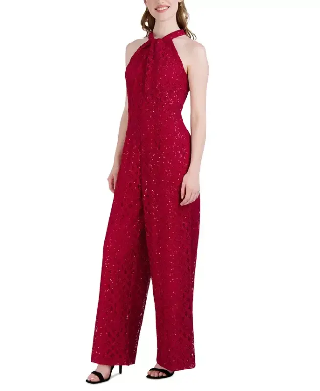 Women's Sequin-Lace Halter Twist-Neck Jumpsuit - Crimson - 4