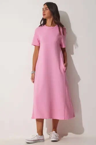 Kadın Pembe A Kesim Yazlık Penye Elbise UB00060 - Pembe - HAPPINESS İSTANBUL (1)
