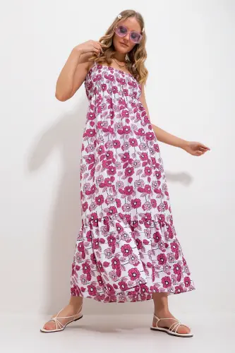 Kadın Pembe Askılı Eteği Volanlı Çiçek Desenli Gipeli Dokuma Elbise Alc-X11734-PEMBE - 3