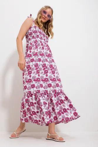 Kadın Pembe Askılı Eteği Volanlı Çiçek Desenli Gipeli Dokuma Elbise Alc-X11734-PEMBE - 2