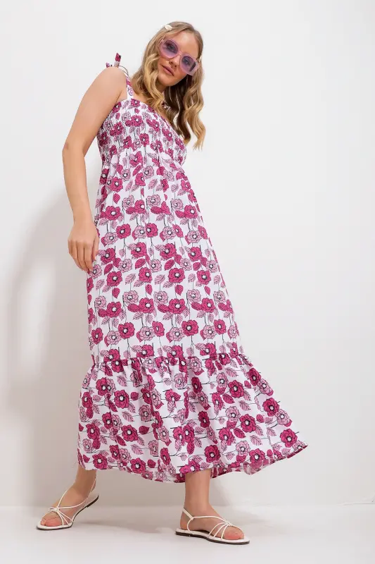 Kadın Pembe Askılı Eteği Volanlı Çiçek Desenli Gipeli Dokuma Elbise Alc-X11734-PEMBE - 2