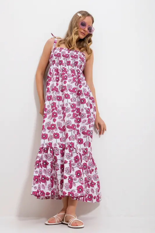 Kadın Pembe Askılı Eteği Volanlı Çiçek Desenli Gipeli Dokuma Elbise Alc-X11734-PEMBE - 4