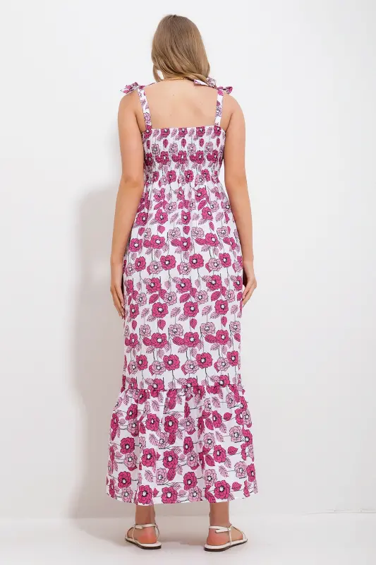 Kadın Pembe Askılı Eteği Volanlı Çiçek Desenli Gipeli Dokuma Elbise Alc-X11734-PEMBE - 5