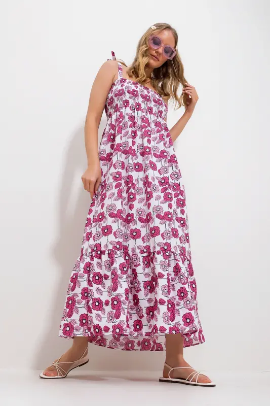 Kadın Pembe Askılı Eteği Volanlı Çiçek Desenli Gipeli Dokuma Elbise Alc-X11734-PEMBE - TREND ALAÇATI STILI