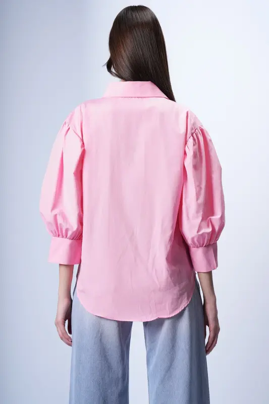Pembe Balon Kol Gizli Patlı Basic Poplin Gömlek ALC-X9654 - Pembe - 7