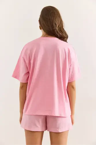 Kadın Pembe Baskı Taş Detaylı Regular Fit Tişört TSH-19000831-Pembe - 2