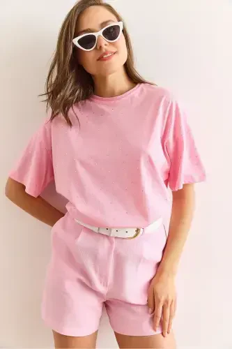 Kadın Pembe Baskı Taş Detaylı Regular Fit Tişört TSH-19000831-Pembe - 4