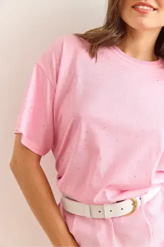 Kadın Pembe Baskı Taş Detaylı Regular Fit Tişört TSH-19000831-Pembe - 5