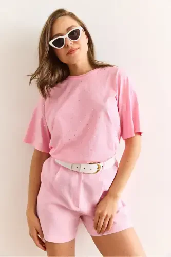Kadın Pembe Baskı Taş Detaylı Regular Fit Tişört TSH-19000831-Pembe - 6