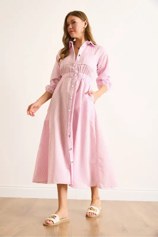 Kadın Pembe Beli Lastikli Cepli Maksi Gömlek Elbise ELB-19002398-Pembe - 2