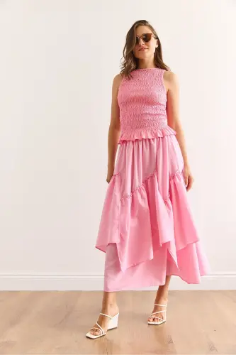 Kadın Pembe Beli Lastikli Parçalı Etek ETK-19000331-Pembe - 5