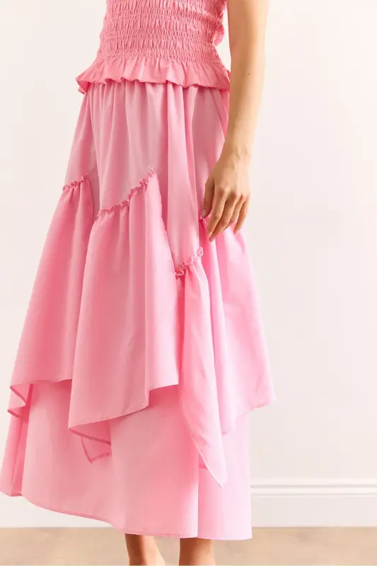 Kadın Pembe Beli Lastikli Parçalı Etek ETK-19000331-Pembe - 7