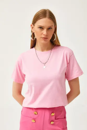 Kadın Pembe Bisiklet Yaka Basic Tişört TSH-19000774-Pembe - 2