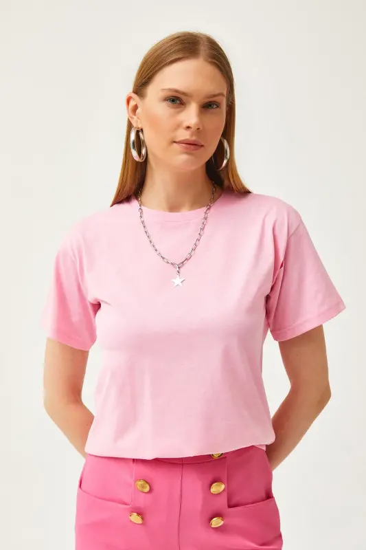 Kadın Pembe Bisiklet Yaka Basic Tişört TSH-19000774-Pembe - 5