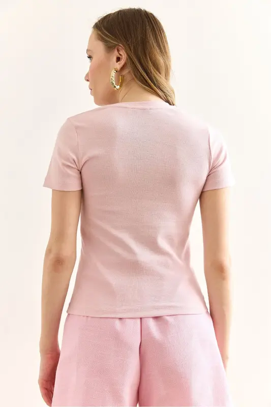 Kadın Pembe Bisiklet Yaka Basic Tişört TSH-19000916 - Pembe - 2