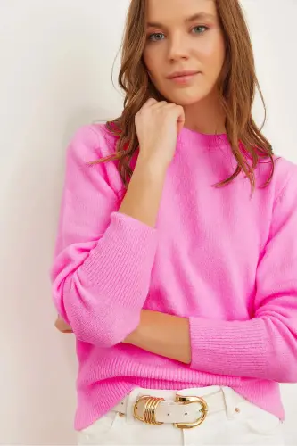 Kadın Pembe Bisiklet Yaka Yumuşak Dokulu Basic Triko Kazak KZK-19000845-Pembe - 3