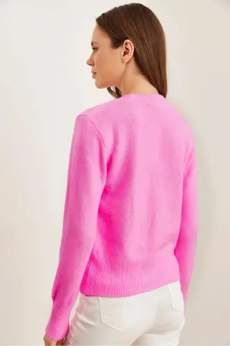 Kadın Pembe Bisiklet Yaka Yumuşak Dokulu Basic Triko Kazak KZK-19000845-Pembe - 4