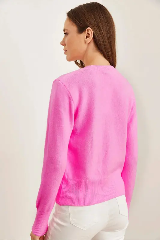 Kadın Pembe Bisiklet Yaka Yumuşak Dokulu Basic Triko Kazak KZK-19000845-Pembe - 4