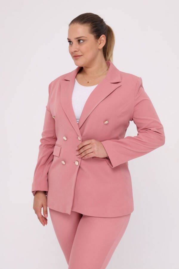 Kadın Pembe Blazer Ceket Kemerli Cepli Boru Paça Pantolon Büyük Beden Takım Elbise-Pembe - 4