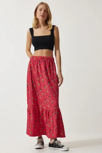 Kadın Pembe Çiçekli Volanlı Viskon Etek DD01312-Pembe - HAPPINESS İSTANBUL (1)