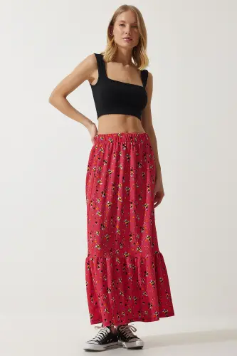 Kadın Pembe Çiçekli Volanlı Viskon Etek DD01312-Pembe - 3