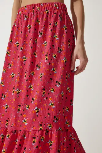 Kadın Pembe Çiçekli Volanlı Viskon Etek DD01312-Pembe - 4