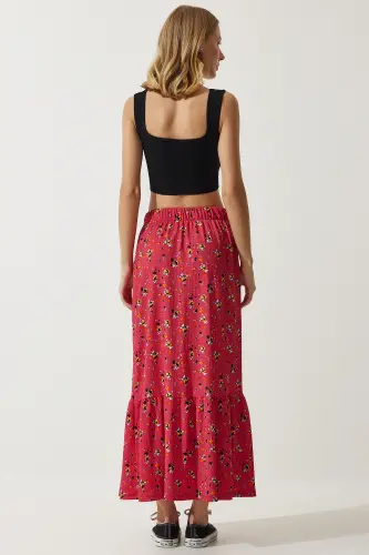 Kadın Pembe Çiçekli Volanlı Viskon Etek DD01312-Pembe - 5