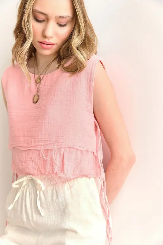 Kadın Pembe Çift Kat Pis Dikiş Bağcık Detaylı Müslin Bluz BLZ-19002924-Pembe - 1