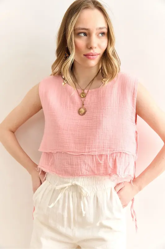 Kadın Pembe Çift Kat Pis Dikiş Bağcık Detaylı Müslin Bluz BLZ-19002924-Pembe - 2