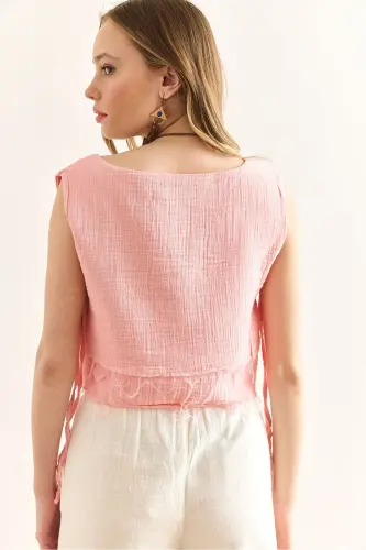 Kadın Pembe Çift Kat Pis Dikiş Bağcık Detaylı Müslin Bluz BLZ-19002924-Pembe - 5