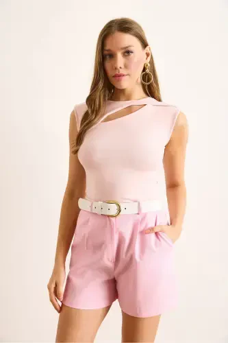 Kadın Pembe Damla Dekolteli Omuz Detaylı Pamuk Modal Bluz BLZ-19002881-Pembe - 3