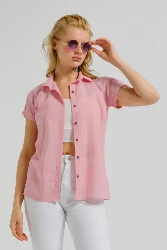 Kadın Pembe Desenli Kısa Kol Gömlek ARM-22Y001052-Pembe 