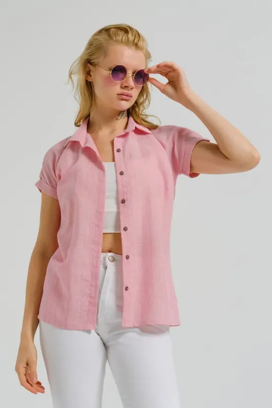 Kadın Pembe Desenli Kısa Kol Gömlek ARM-22Y001052-Pembe - 1